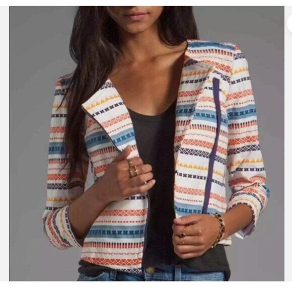 Trina Turk Beatrix‎ Embroidered Moto Zip up Jacket Blazer Coat Colorful Large 12 - Picture 1 of 11